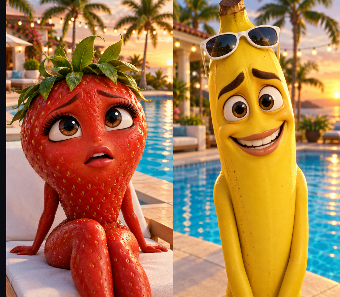 The two character images from our run: a strawberry with long eyelashes on a sun lounger and a banana with white sunglasses, both beside a villa pool at golden hour