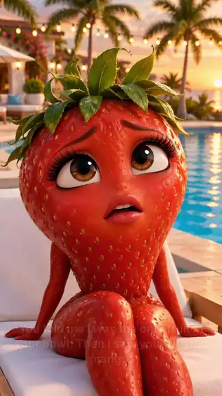 The finished AI fruit video: a strawberry by a villa pool says she saw the banana with the mango, and the banana answers that he comes in a bunch