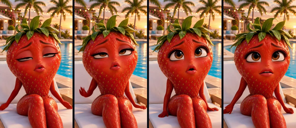 Four frames from the strawberry's lip-synced clip: an eye roll, a raised hand, wide eyes and a parted mouth as she delivers her line