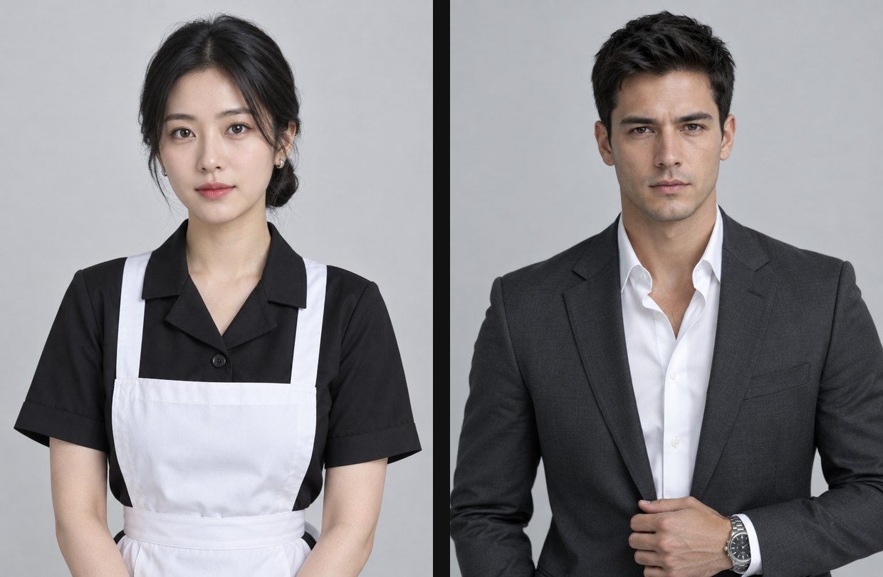 The two reference photos used in every shot: Mei in a black waitress uniform and white apron, and Daniel in a charcoal suit and silver watch