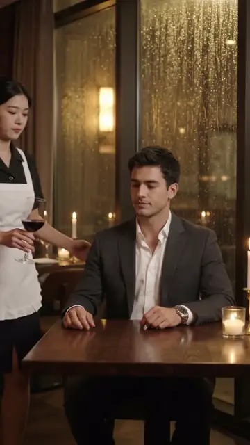 The finished 15-second AI short drama episode: a waitress spills wine on a CEO, he hands her a contract, and she finds her late mother's name in it
