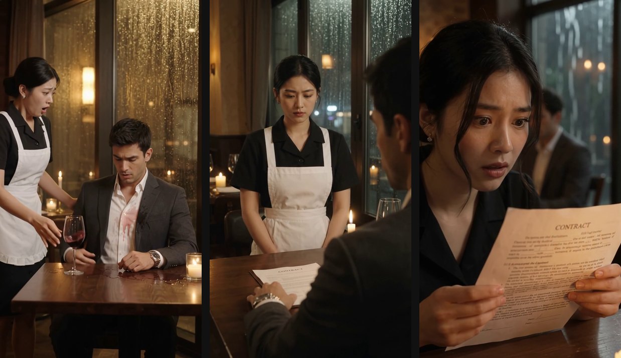 One frame from each of the three Gemini Omni Flash 1.1 shots: the wine spill, the contract slid across the table, and Mei reading it