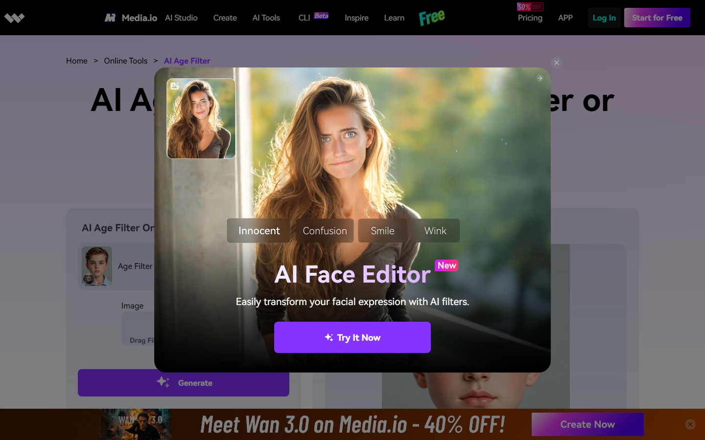 Media.io age filter page