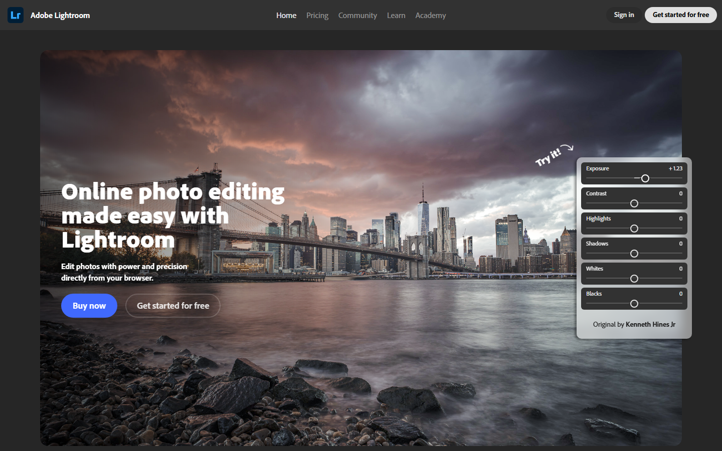 Adobe Lightroom online photo editing homepage