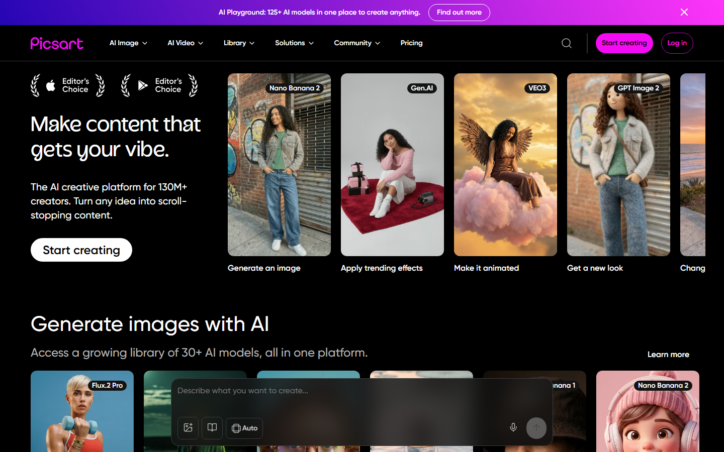 Picsart AI creative platform homepage