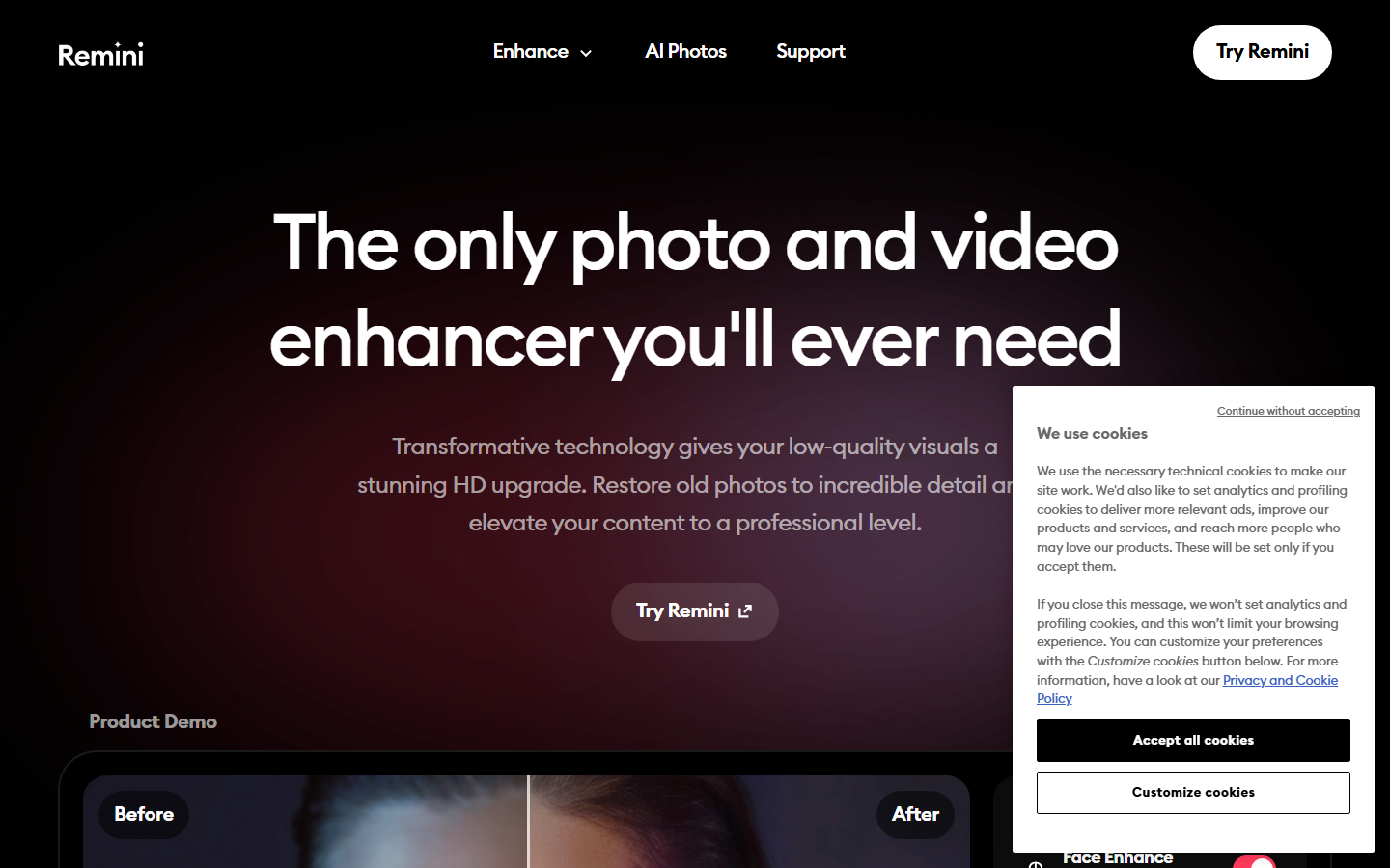 Remini homepage showing a before and after photo enhancement