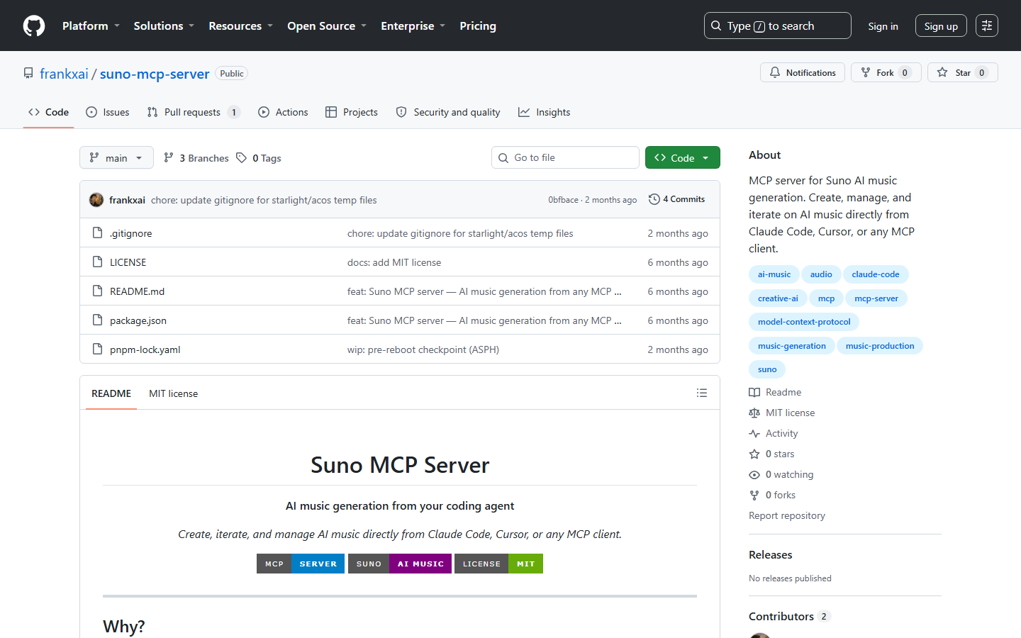 frankxai suno-mcp-server on GitHub