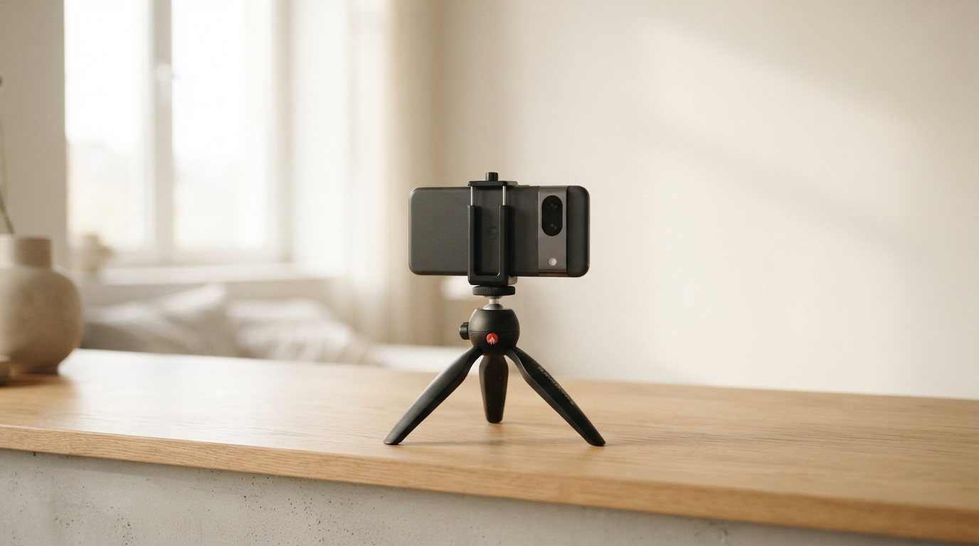 A smartphone on a small tripod on a wooden desk, the kind of setup short-form editors automate