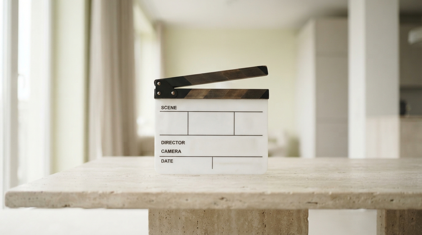 A film clapperboard resting on a stone table