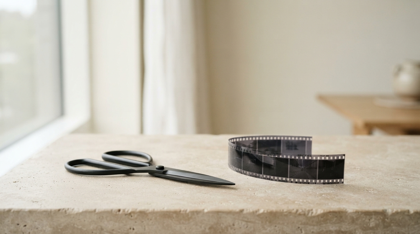 A pair of scissors beside a strip of 35mm film