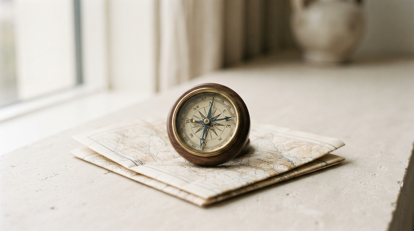 Brass compass resting on a folded paper map on a pale stone ledge