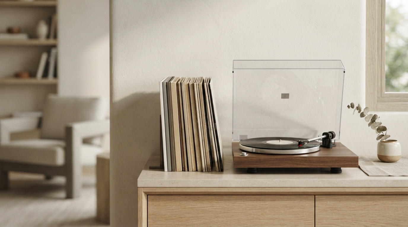 Turntable and a row of records on a light oak sideboard