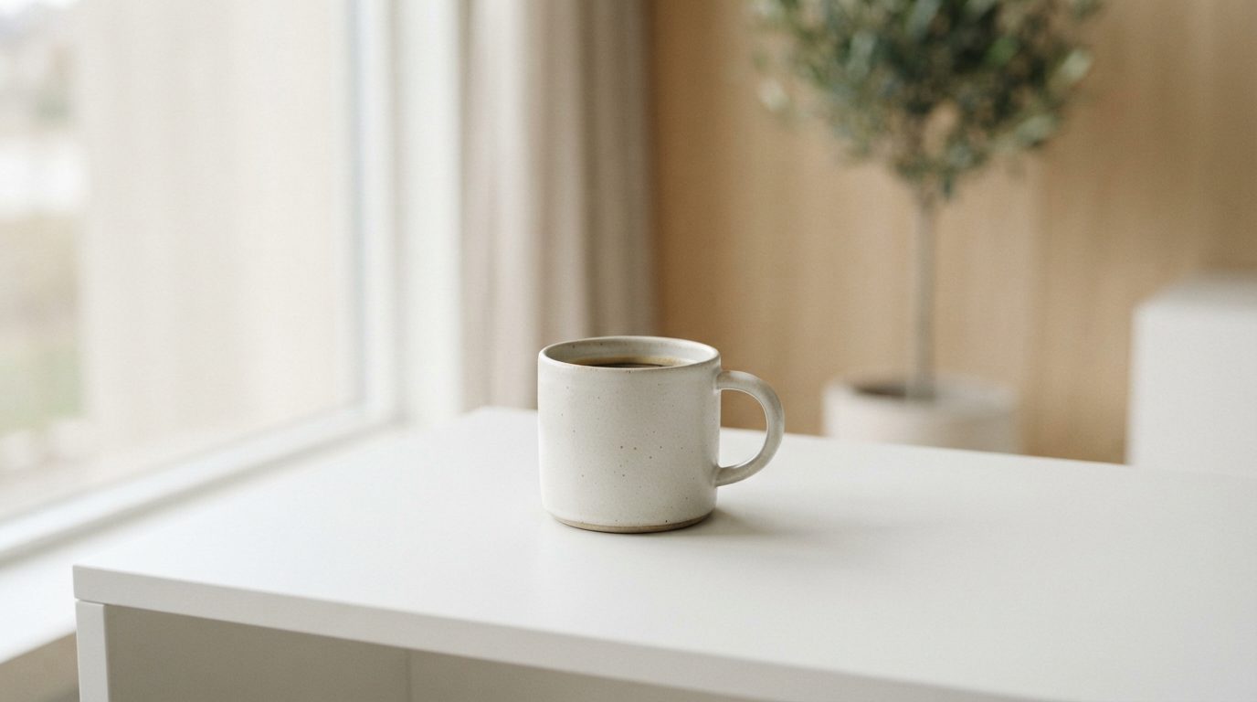 Ceramic mug on a white desk beside a bright window