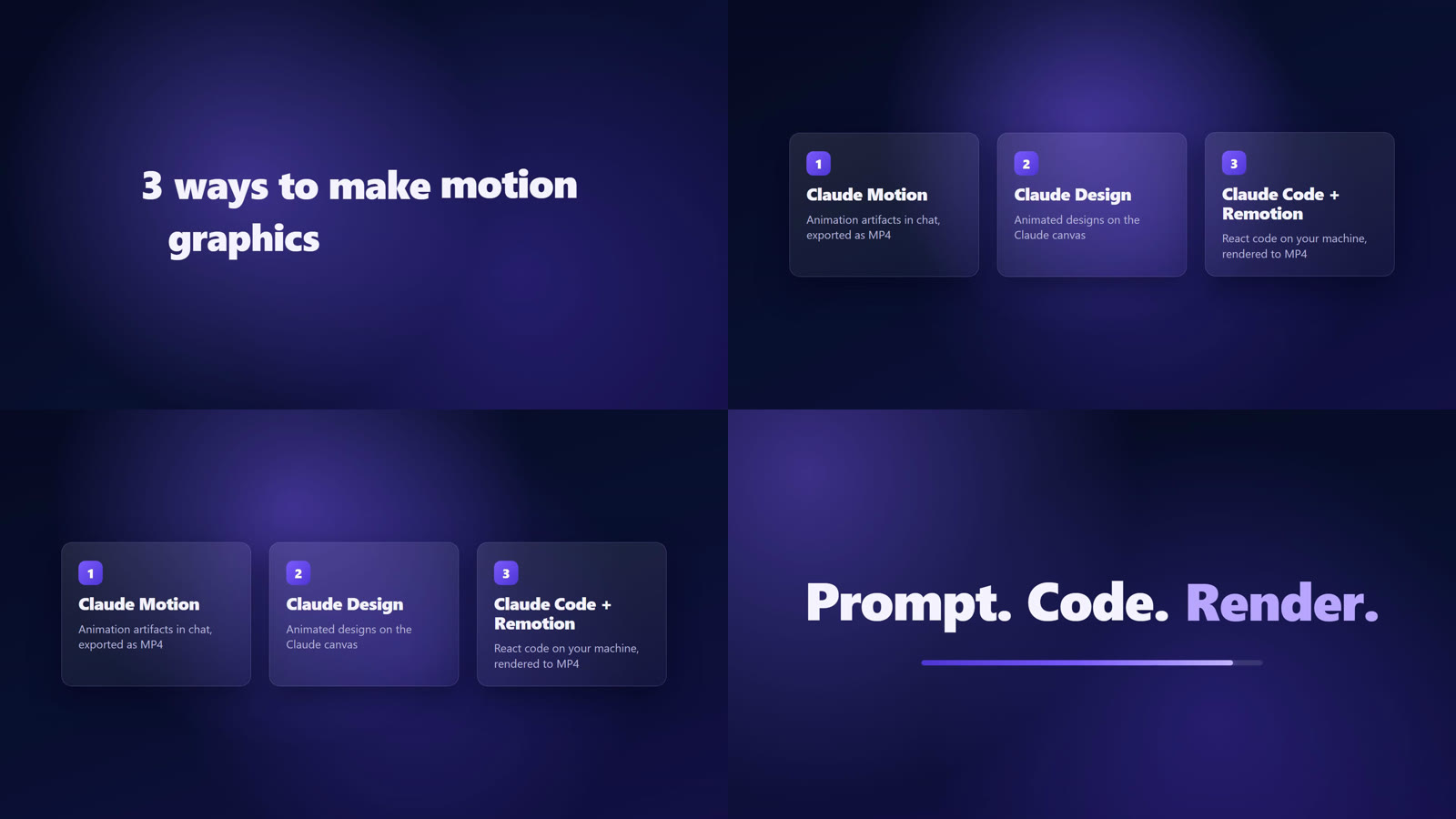 Four frames from Claude's render: the title building in, the three cards, and the closing line with its progress bar
