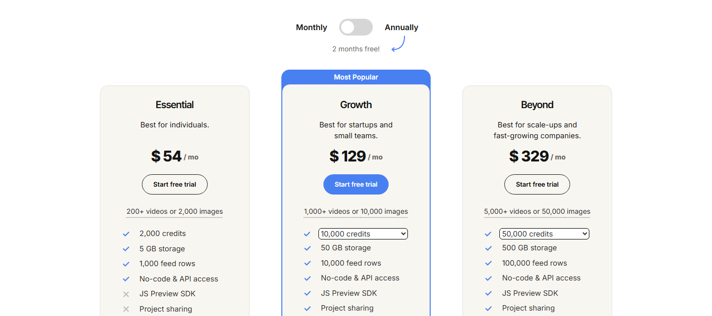 Creatomate pricing page showing the Essential, Growth and Beyond plans on monthly billing
