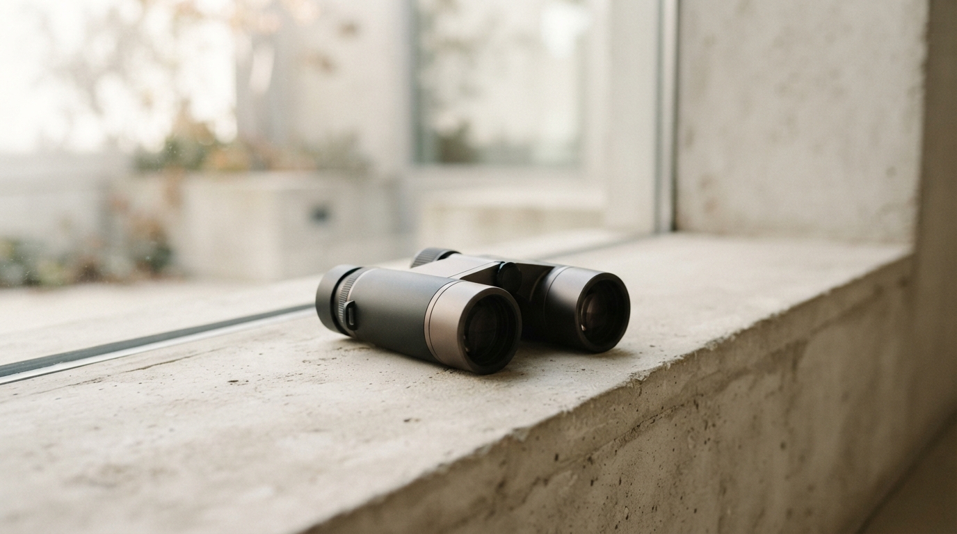 Binoculars resting on a concrete window ledge, representing a side-by-side look at competing video API prices