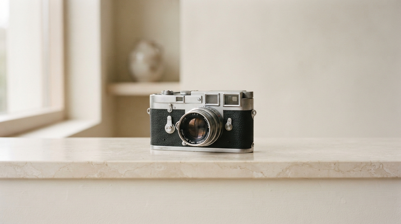 Vintage rangefinder camera on a stone shelf, representing how resolution and frame rate set the credit cost