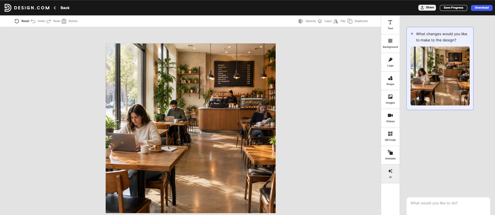 Design.com result for the coffee shop prompt, open in its editor next to the AI edit panel