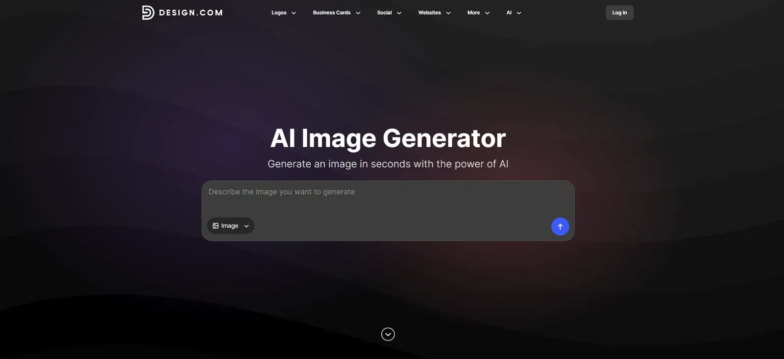 Design.com AI Image Generator page with an empty prompt box