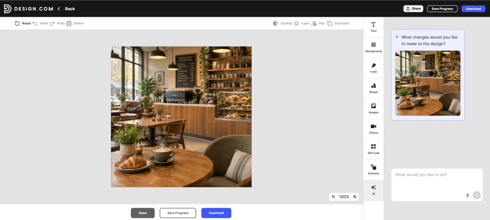 Design.com result for the simple coffee shop prompt, open in its editor