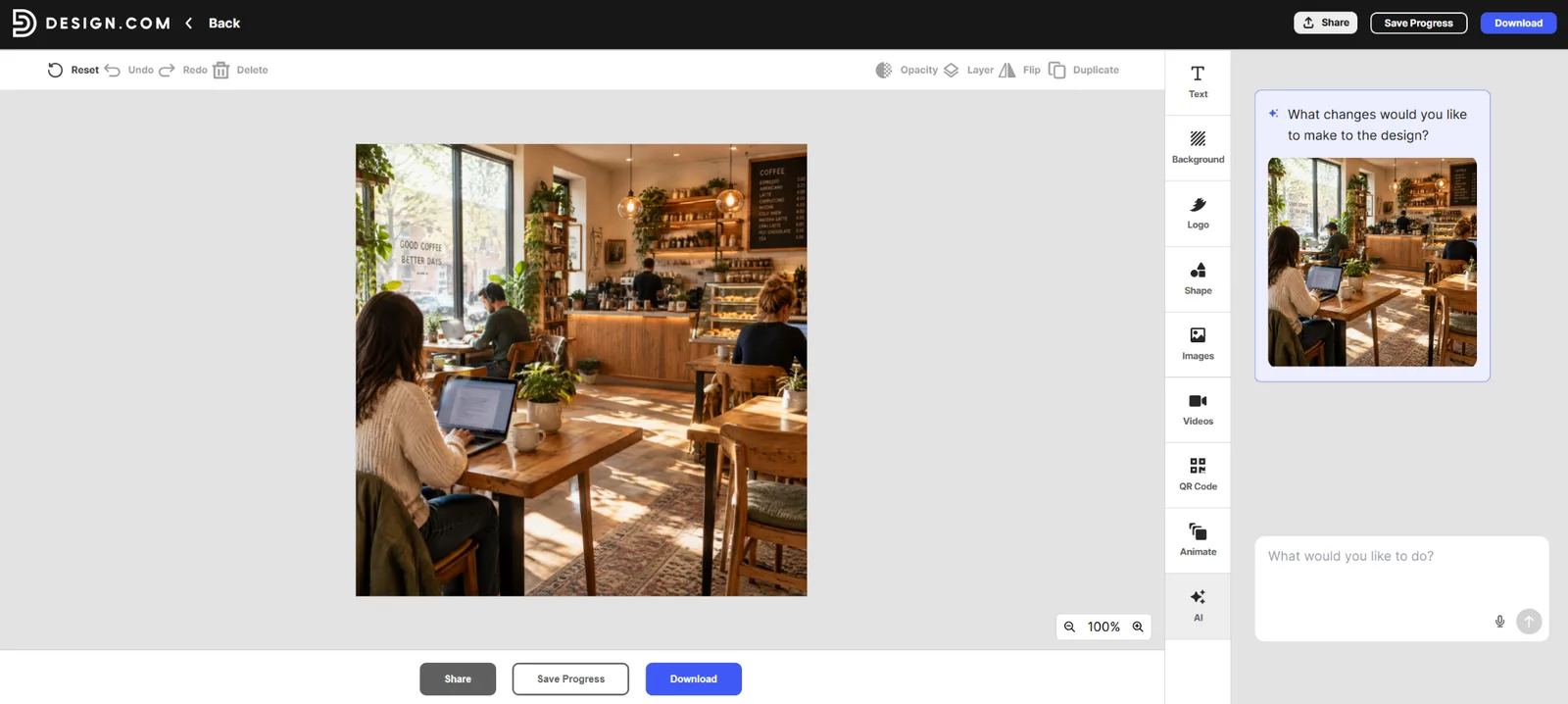 Design.com result for the detailed coffee shop prompt, with customers working on laptops