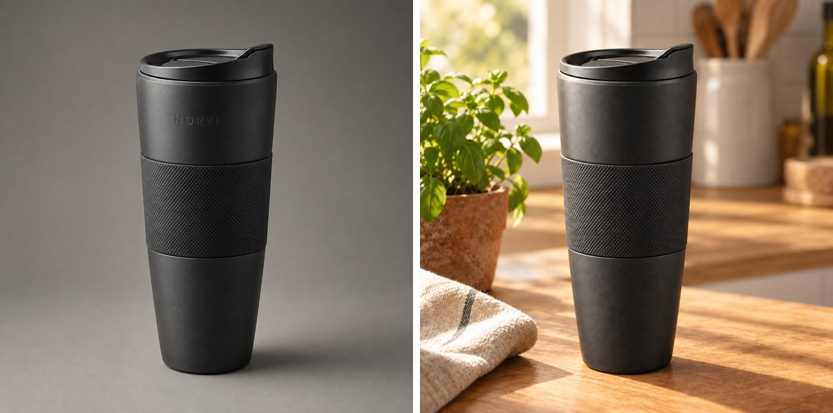 A black travel mug on a grey studio backdrop next to the same mug restaged on a sunlit kitchen counter