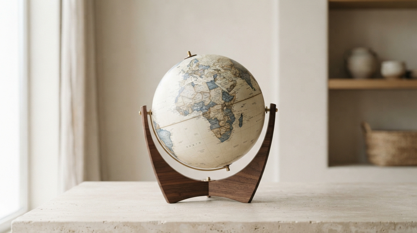 Product photo of a desk globe on a pale stone table in a bright room