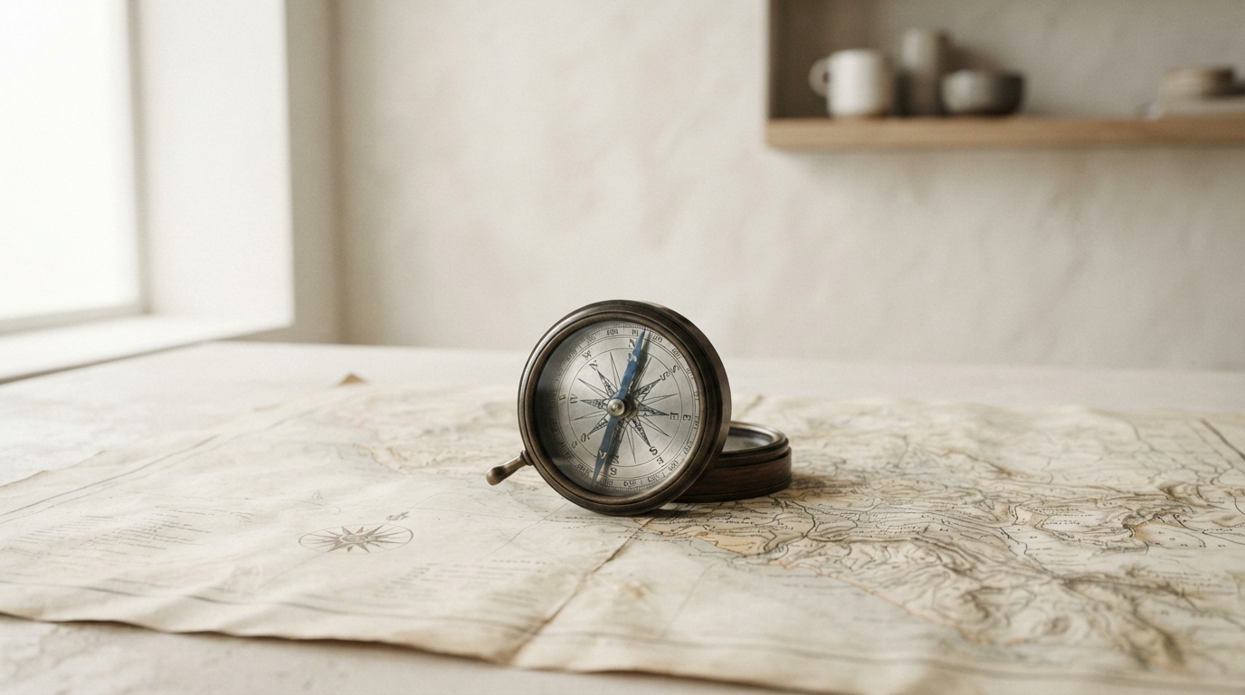 Product photo of a vintage compass resting on an old paper map