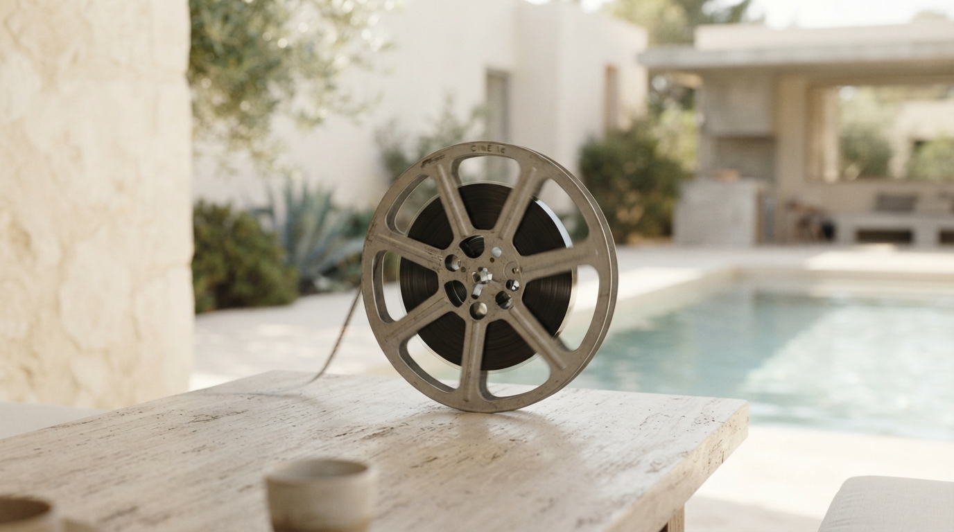 A film reel on a stone table by a pool, standing in for the cost of each second of AI video