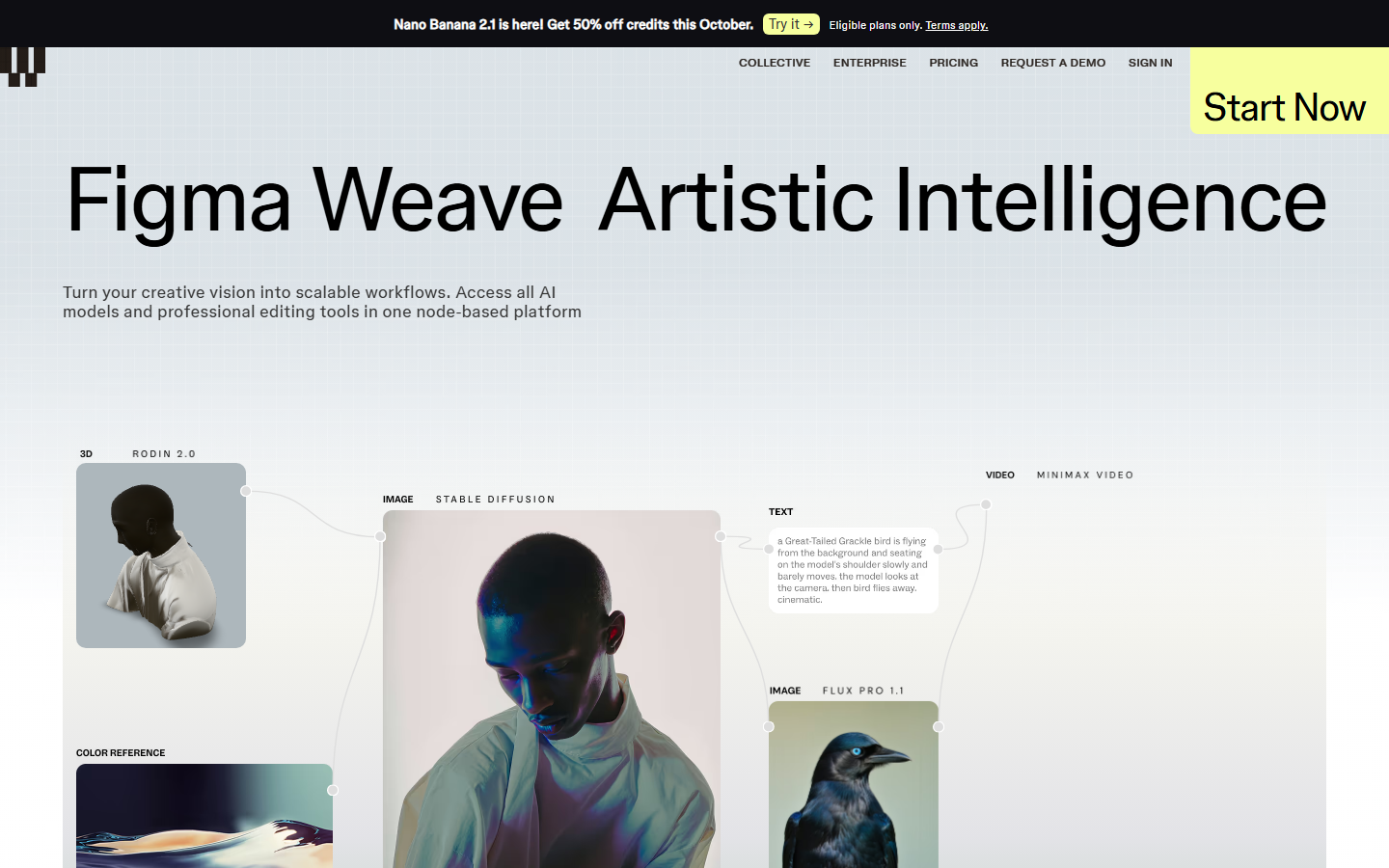 Figma Weave homepage, the node-based AI platform formerly called Weavy