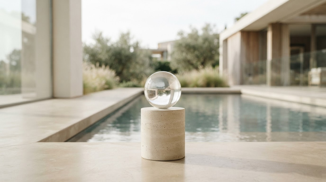 A glass sphere on a stone plinth beside a pool, suggesting a forecast of monthly spend