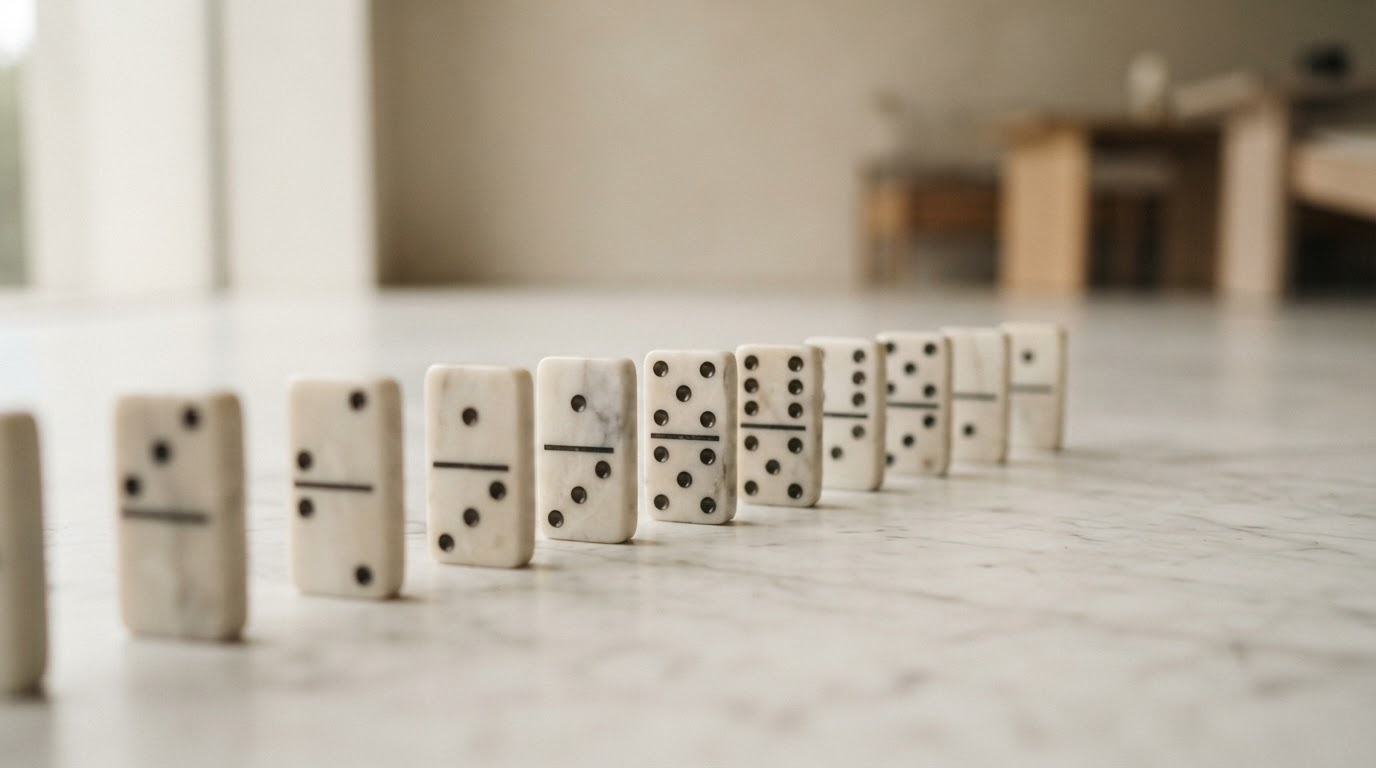A line of dominoes on a marble floor, showing how retries add up across a project