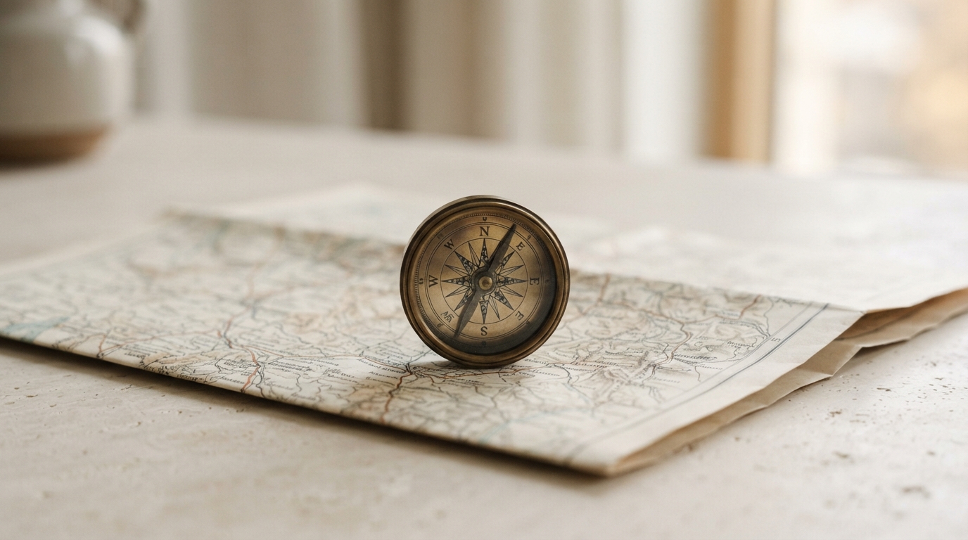 A brass compass resting on a folded paper map, a reminder to plan the route from output back to input