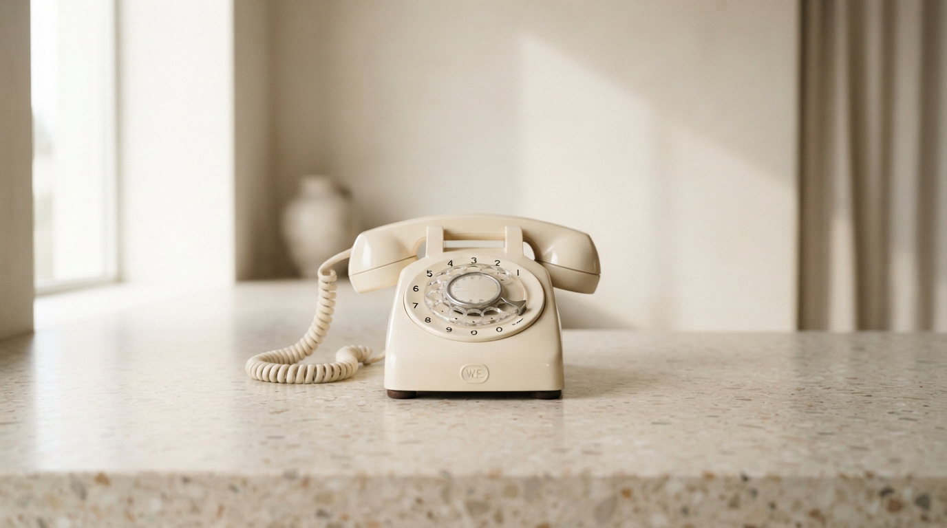 A cream rotary telephone on a stone counter in soft window light, standing in for the voice step of the workflow