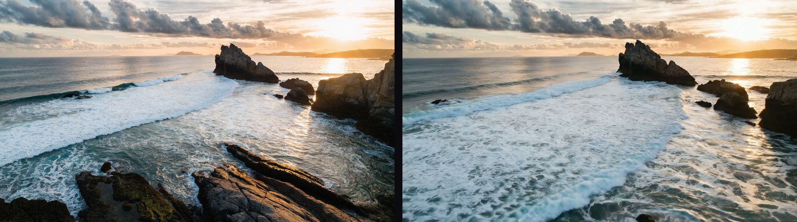 A GPT Image 2.5 Flare still of a rocky coast at sunset, next to a frame from the Veo 3.1 clip made from it in the same workflow run