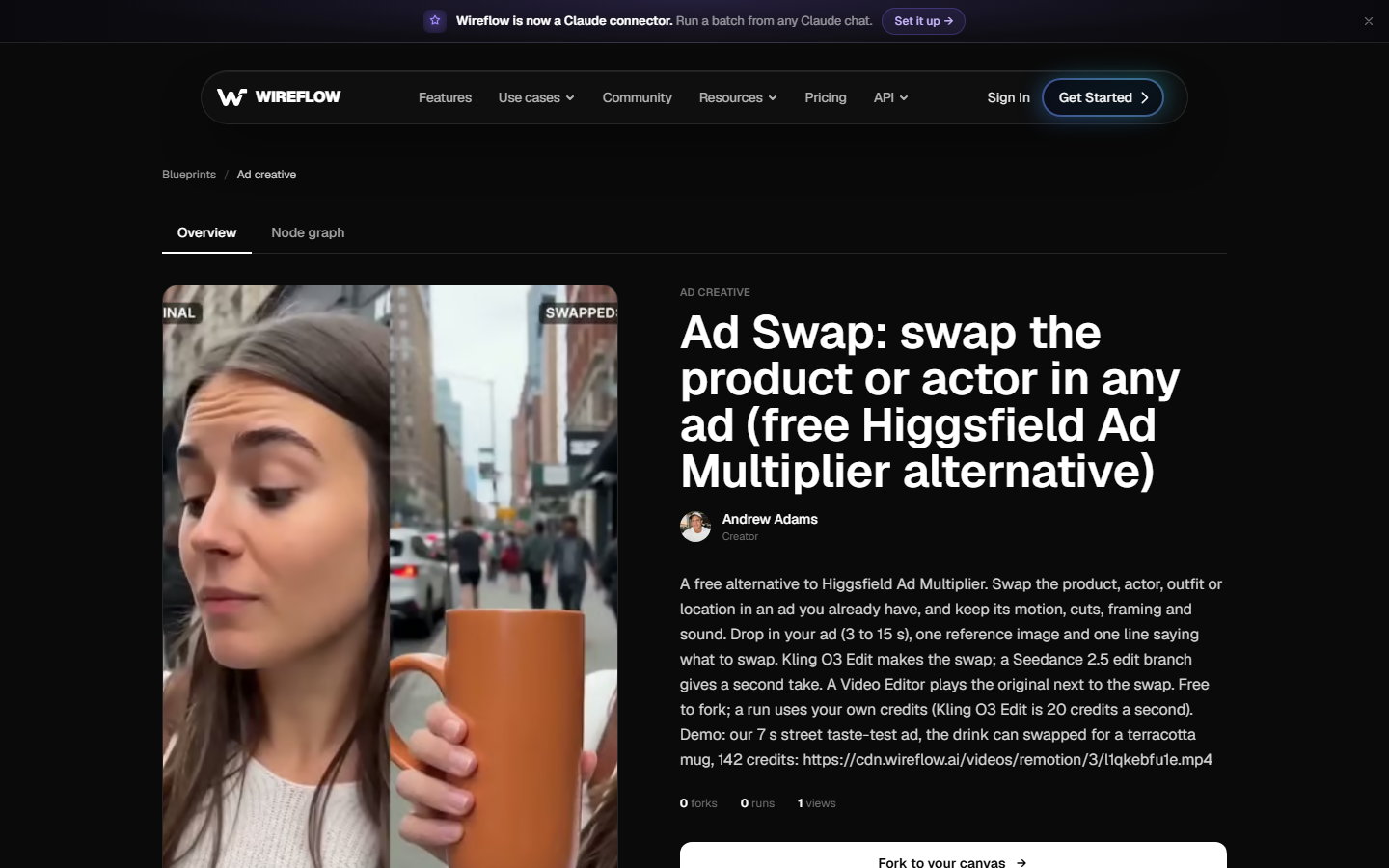 The Ad Swap blueprint page on wireflow.ai, with the original ad next to the swapped version