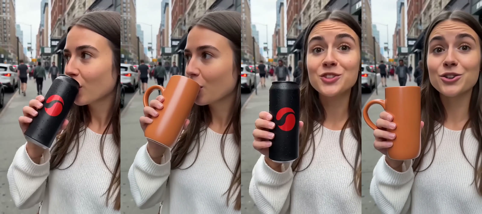 Two frames of the original ad with the black can, each next to the same frame after the swap with the terracotta mug
