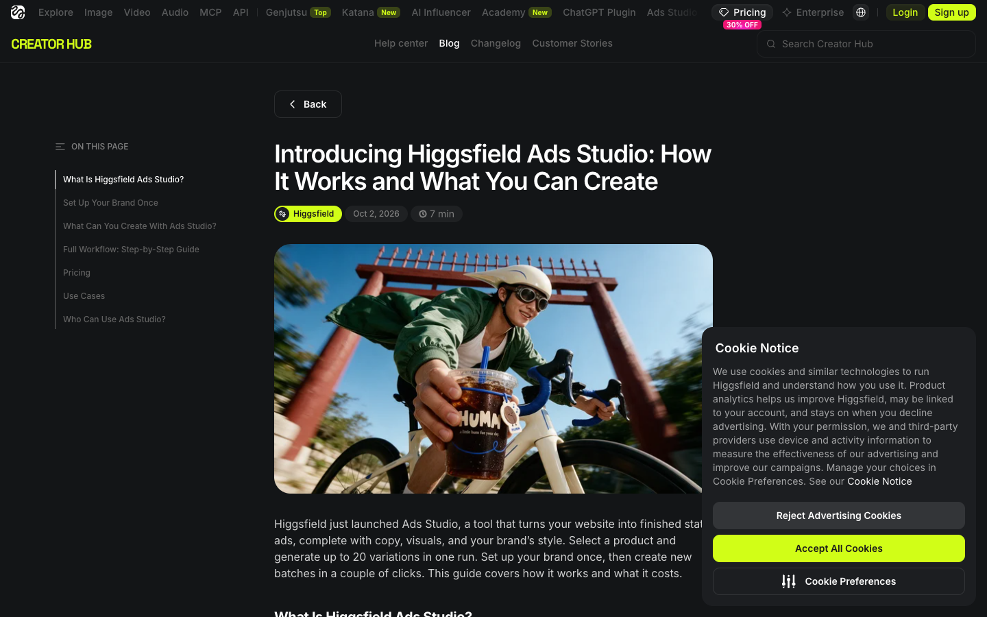 Higgsfield's Ads Studio launch post on 19 October 2026