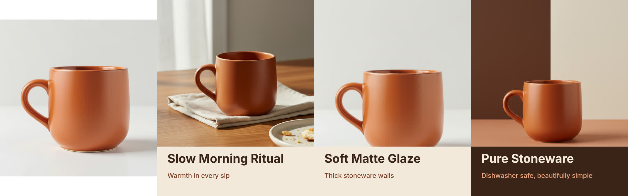 Our product photo next to the 3 finished ads: a morning table scene, a studio close-up and a colour-block layout