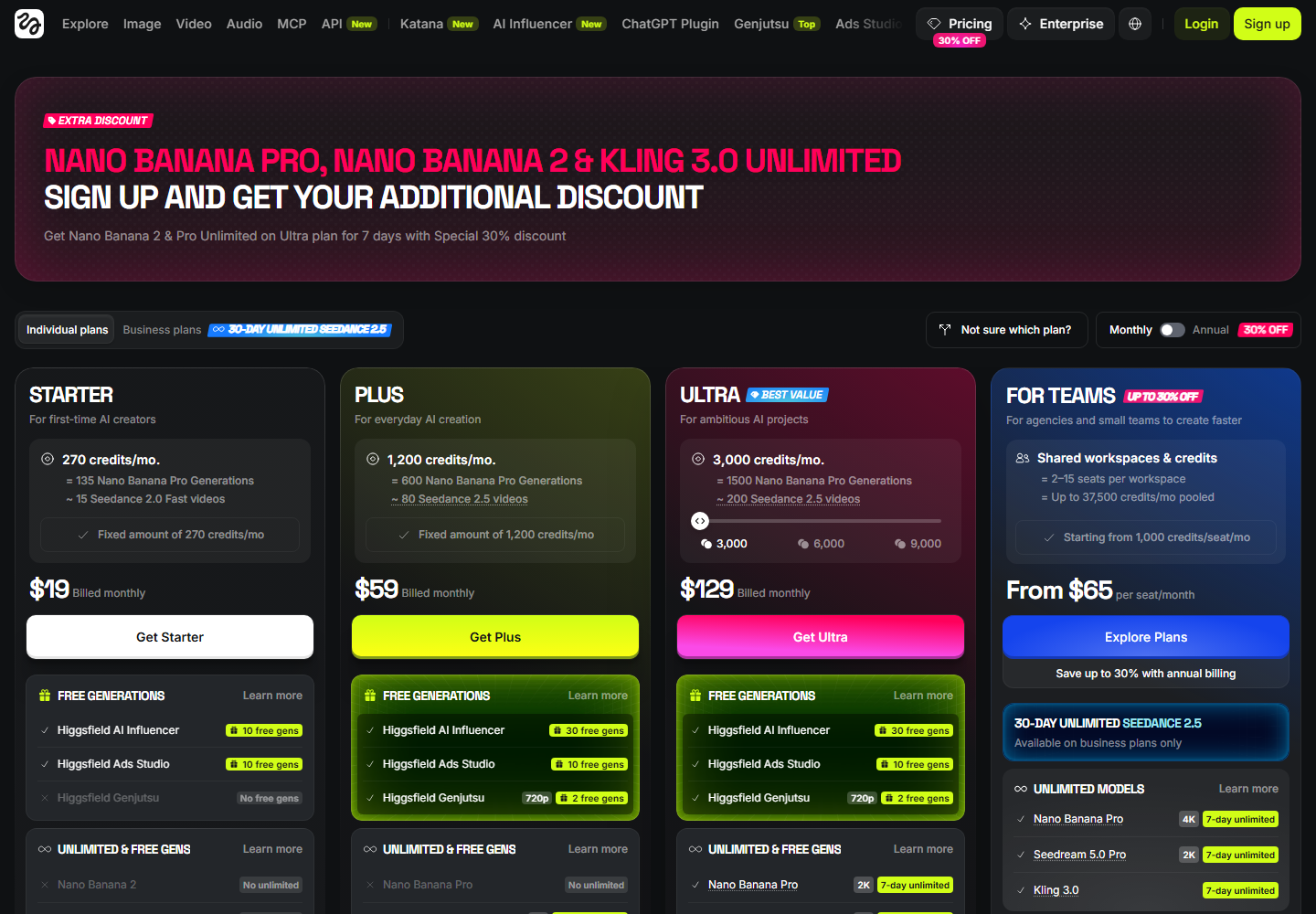 Higgsfield pricing page on 12 October 2026, showing the Starter, Plus, Ultra and team plans on monthly billing