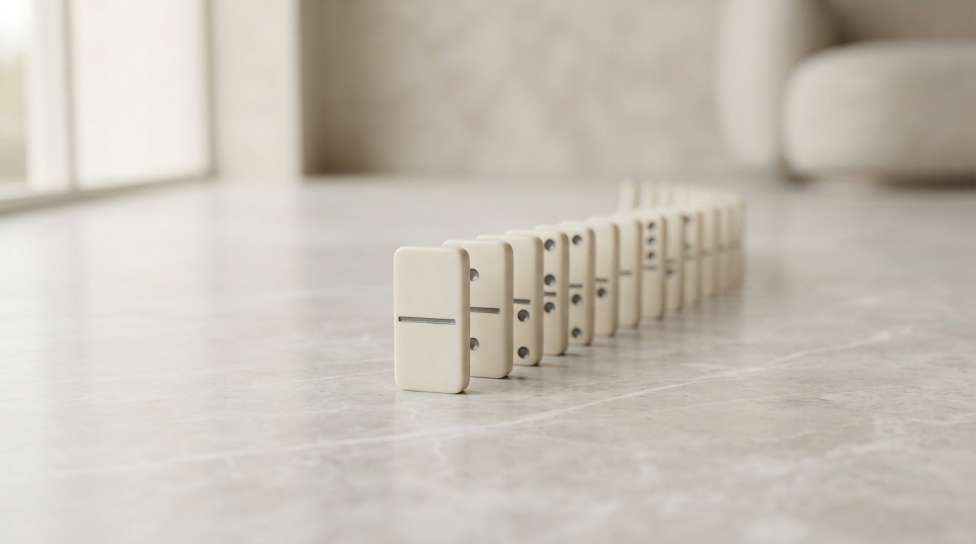 A line of dominoes on a marble floor, showing how retries add up across a project