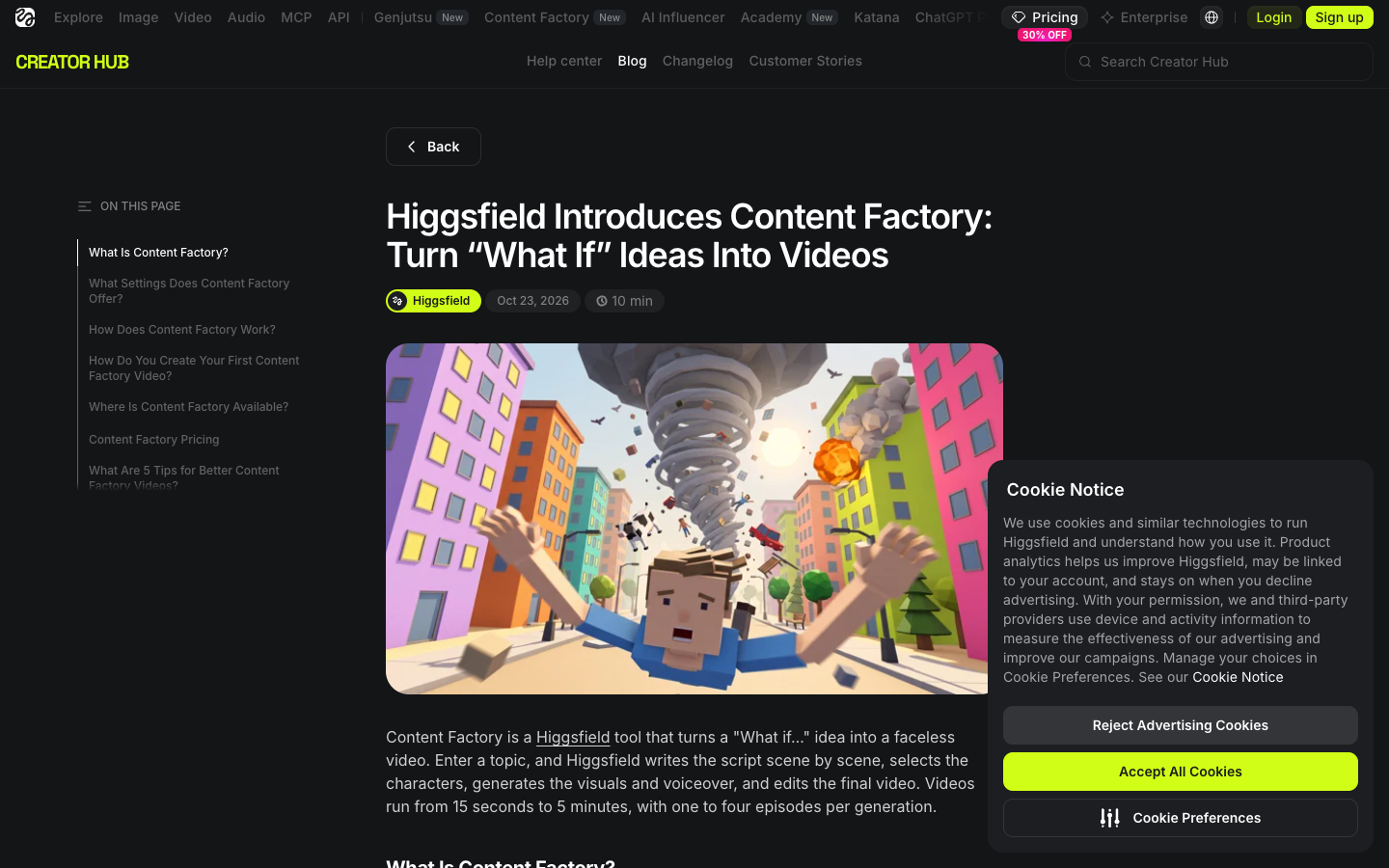 Higgsfield's Content Factory launch post, captured 24 October 2026