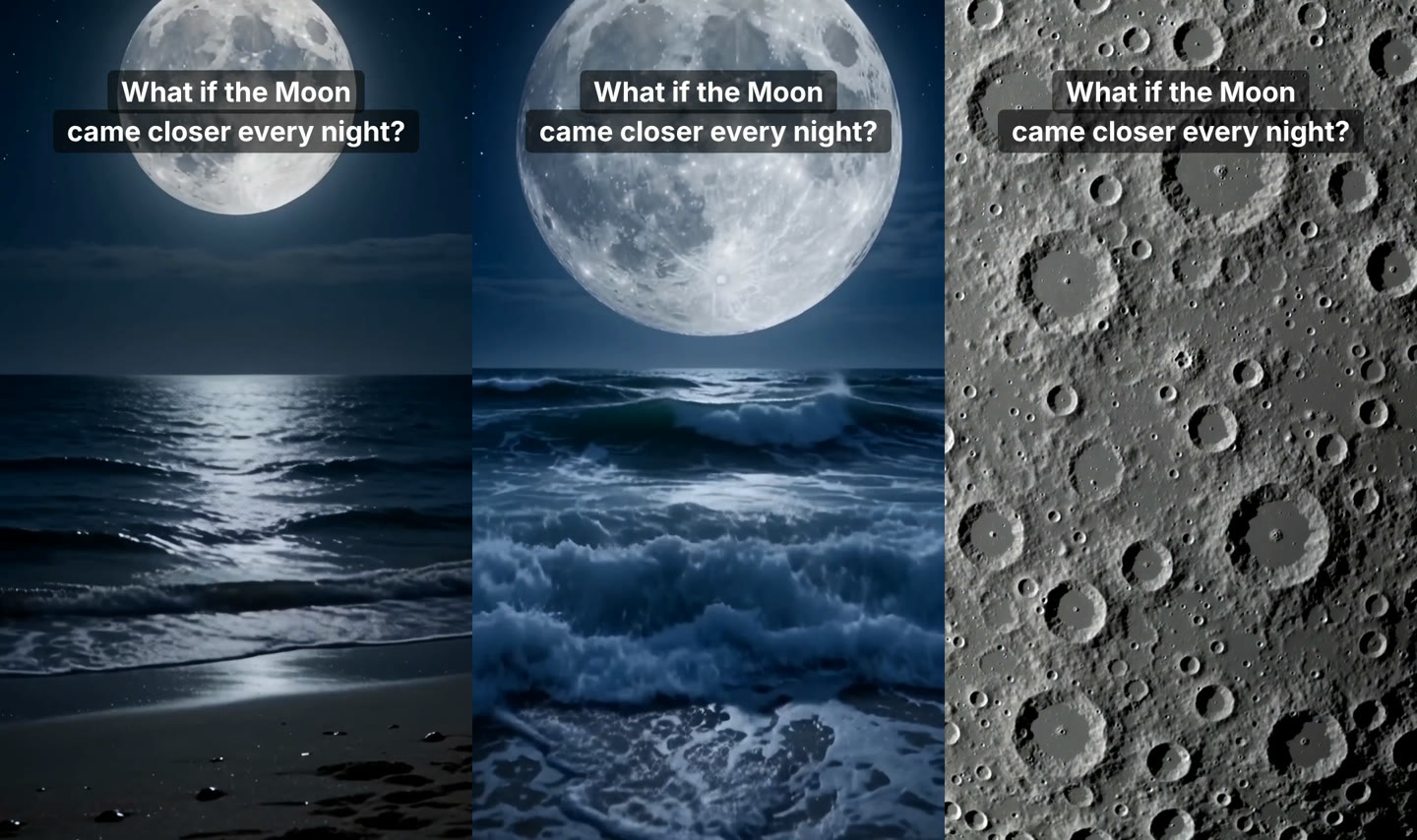 Three frames of the finished video: the Moon over a calm shore, the Moon filling half the sky over rising waves, and the cratered surface filling the frame