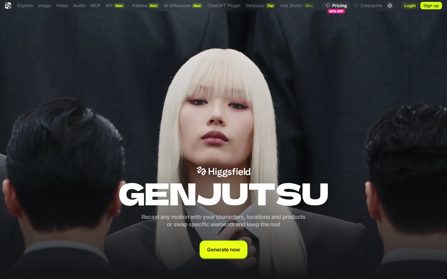 Higgsfield Genjutsu page on 13 October 2026, showing the Generate now button over a recast character