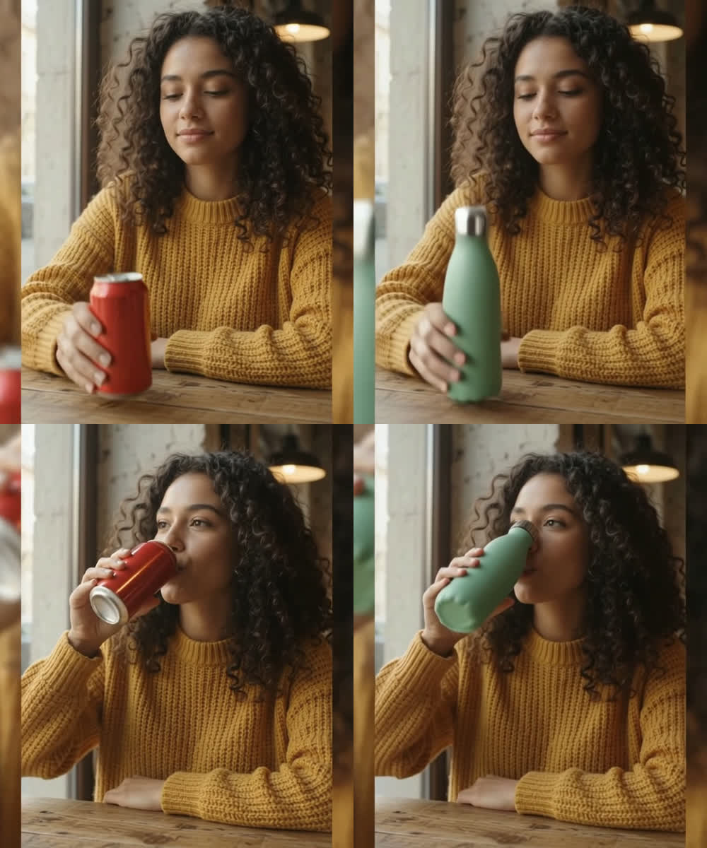 Two source frames with the red can on the left and the same frames after the swap with the green bottle on the right