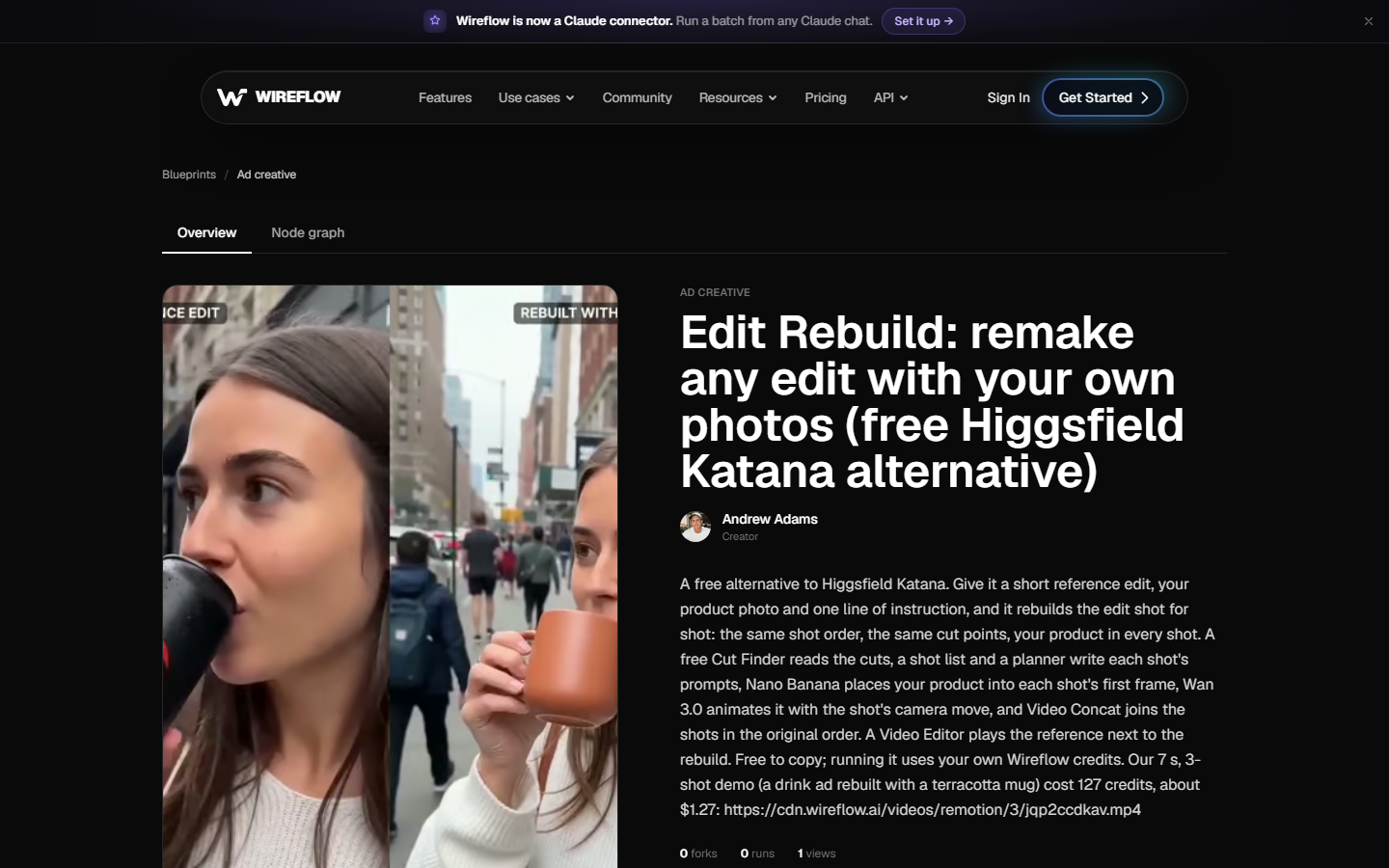 The Edit Rebuild blueprint page on wireflow.ai, with the reference edit next to the rebuild