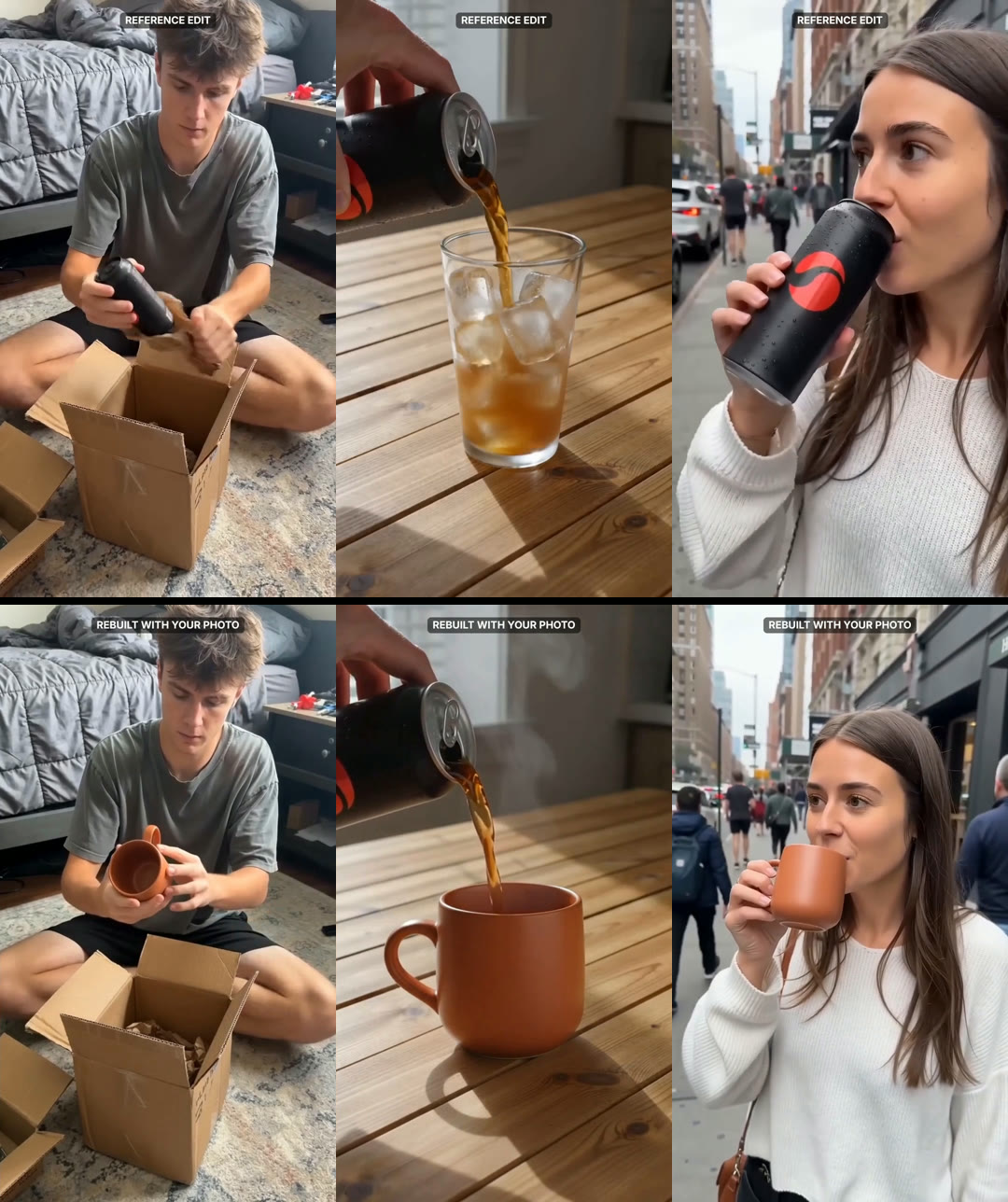 Top row: the three shots of the reference drink ad. Bottom row: the same three shots rebuilt with the terracotta mug
