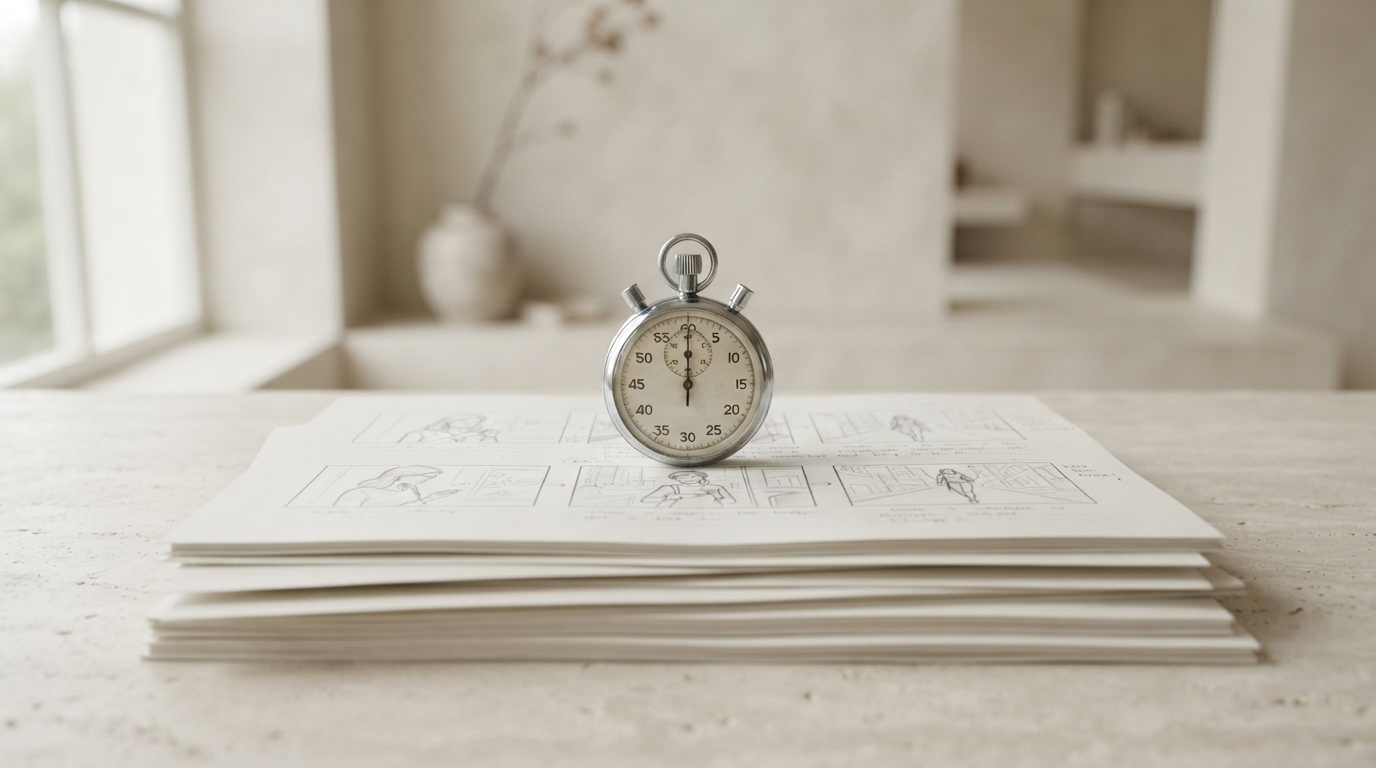 A stopwatch resting on a stack of printed ad storyboards