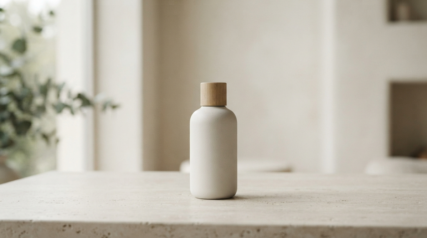 A single unbranded skincare bottle on a plain table