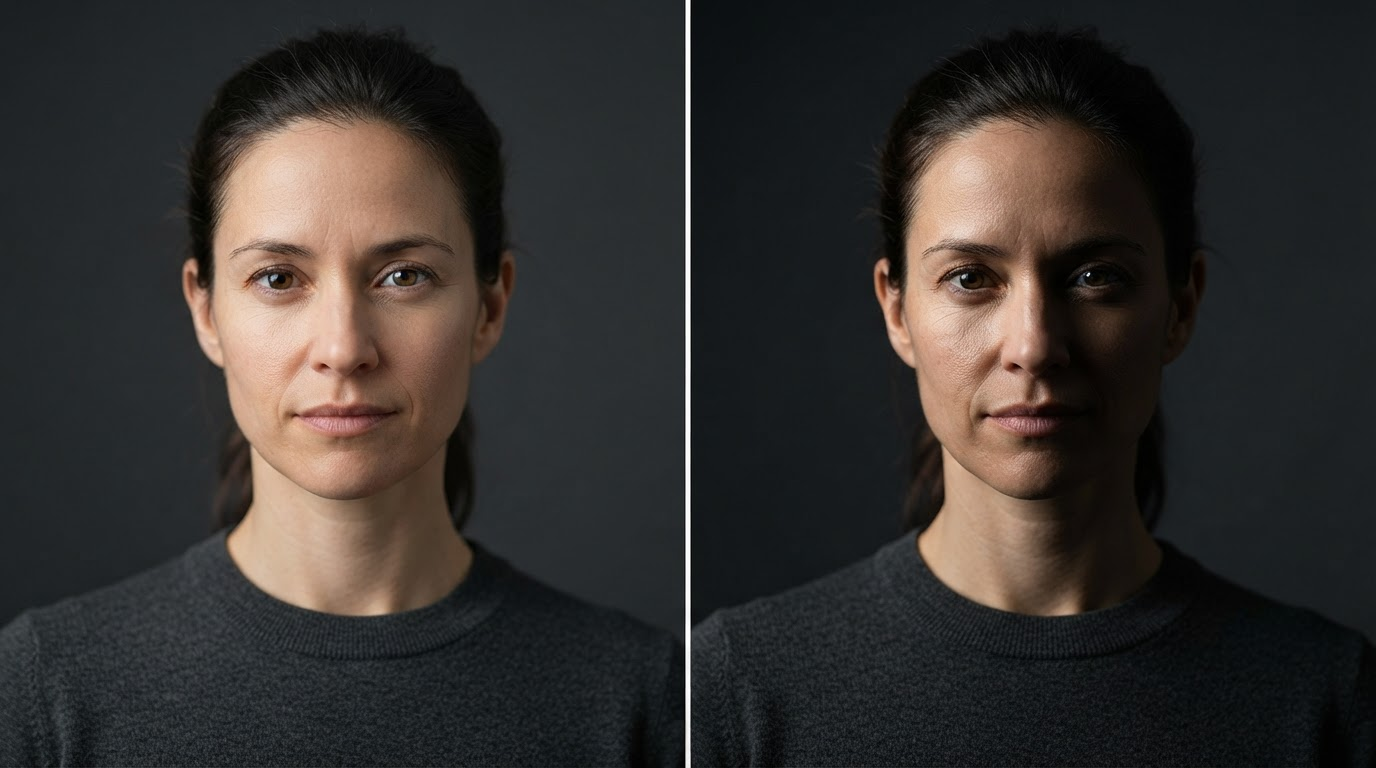 Comparison of soft window lighting and hard directional lighting on the same portrait subject